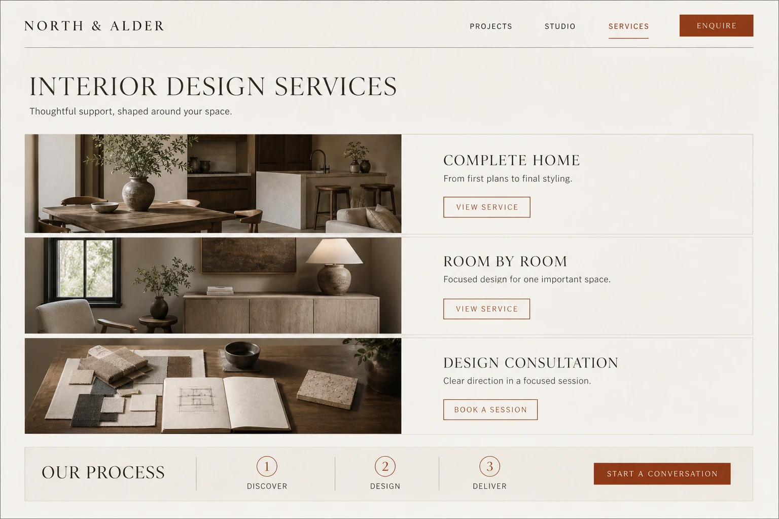 North & Alder Interior design services page design